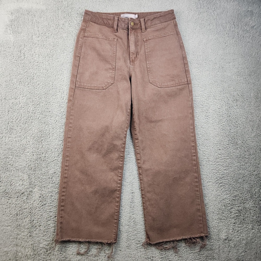 JUSTUSA Jeans Wide Leg Womens 28/6 Brown High Rise Ankle Raw Hem Stretch Baggy